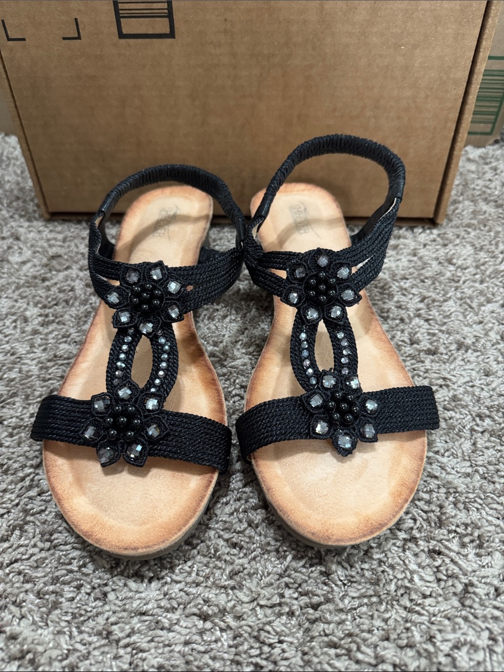 Women’s Black Jeweled T-Strap Sandals